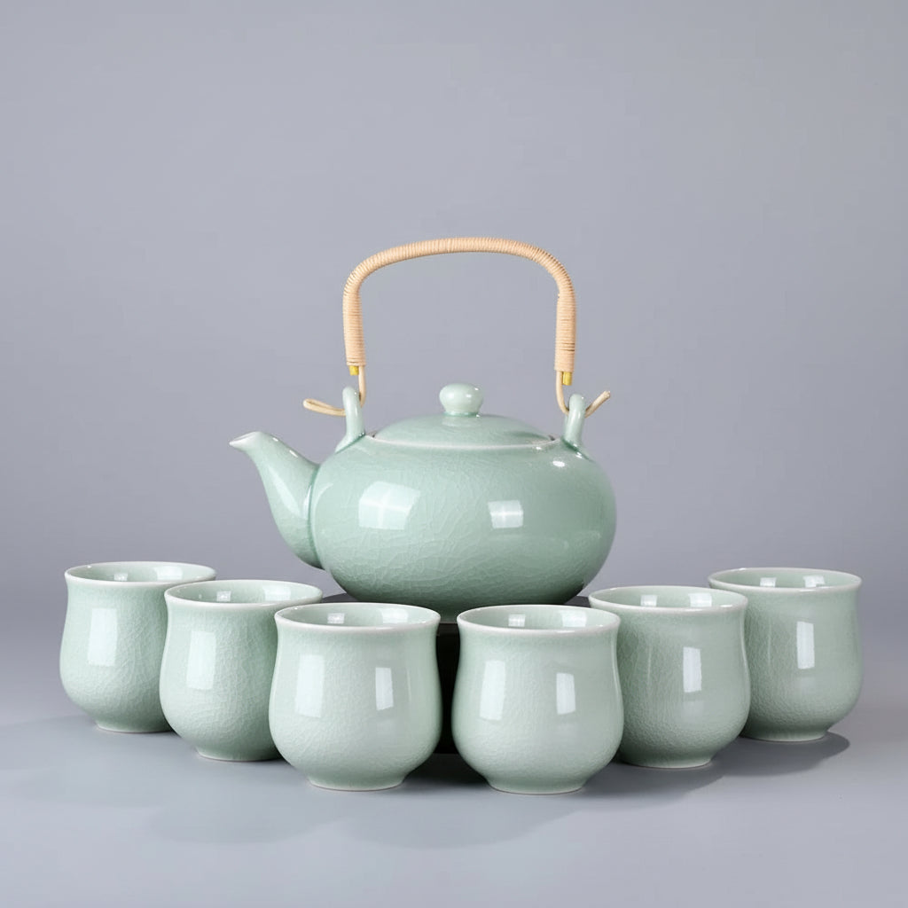Service à thé vert jade en céramique artisanale – théière 700 ml
