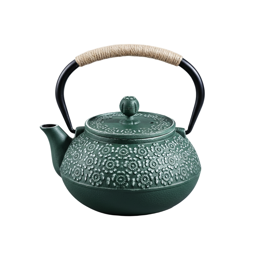 Tetsubin japonais en fonte verte 900 ml décoré du motif floral Hanabishi avec poignée en corde.