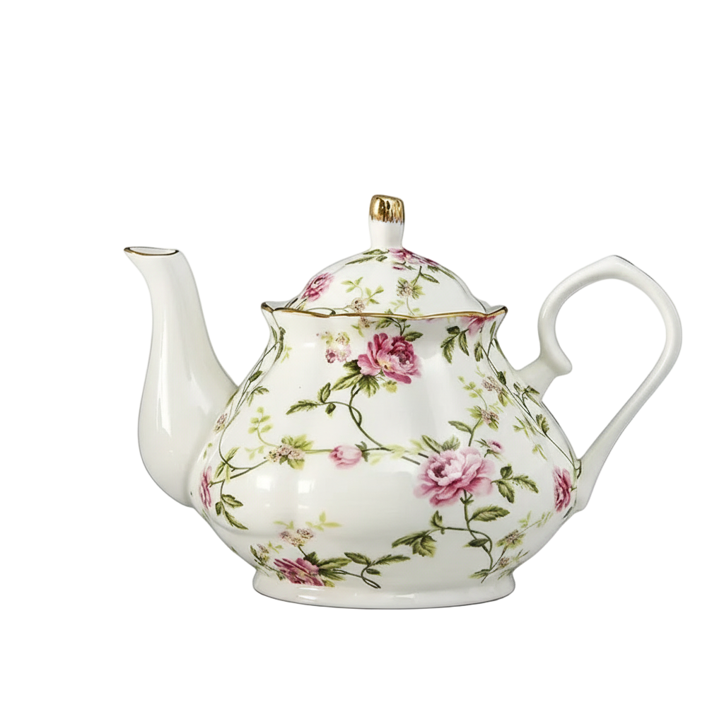 Théière anglaise en porcelaine décor fleurs roses et jaunes, 400 ml.