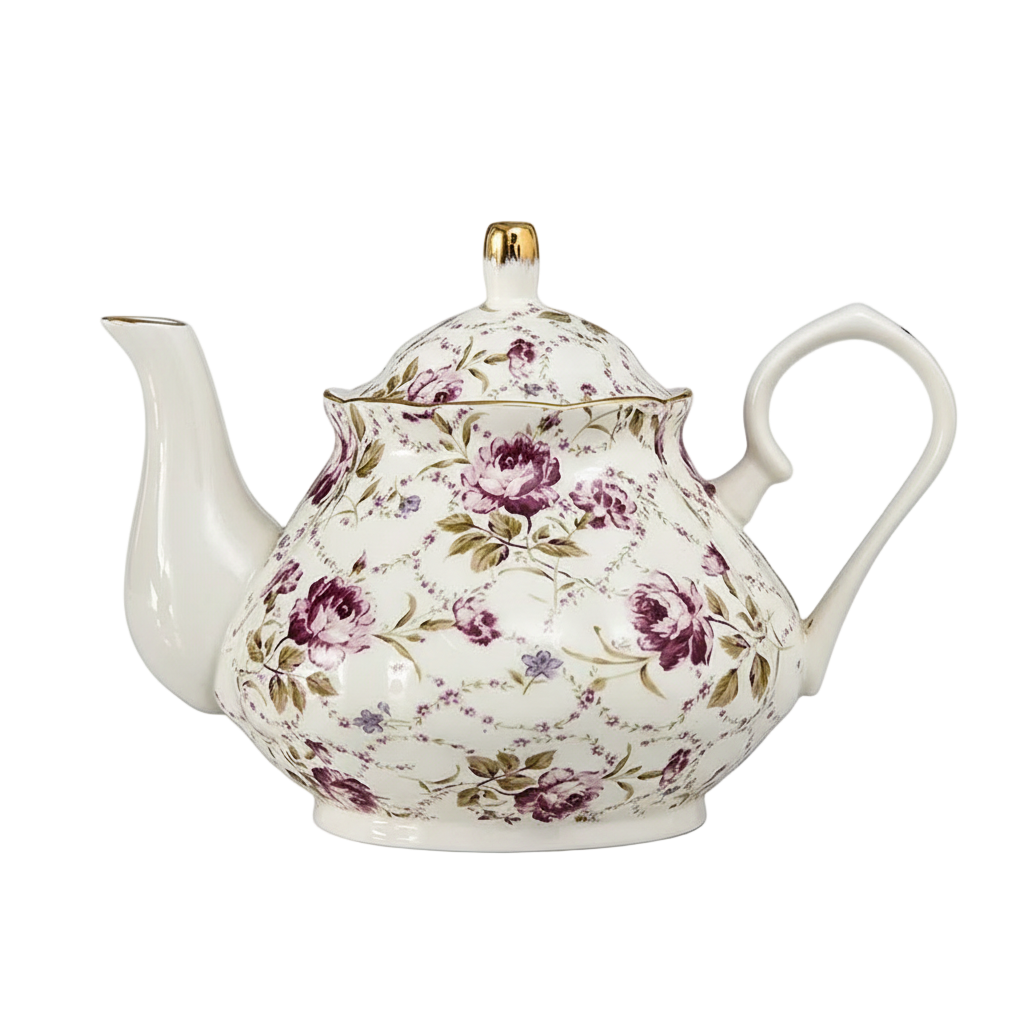 Théière anglaise en porcelaine avec motif fleurs violettes, 400 ml.