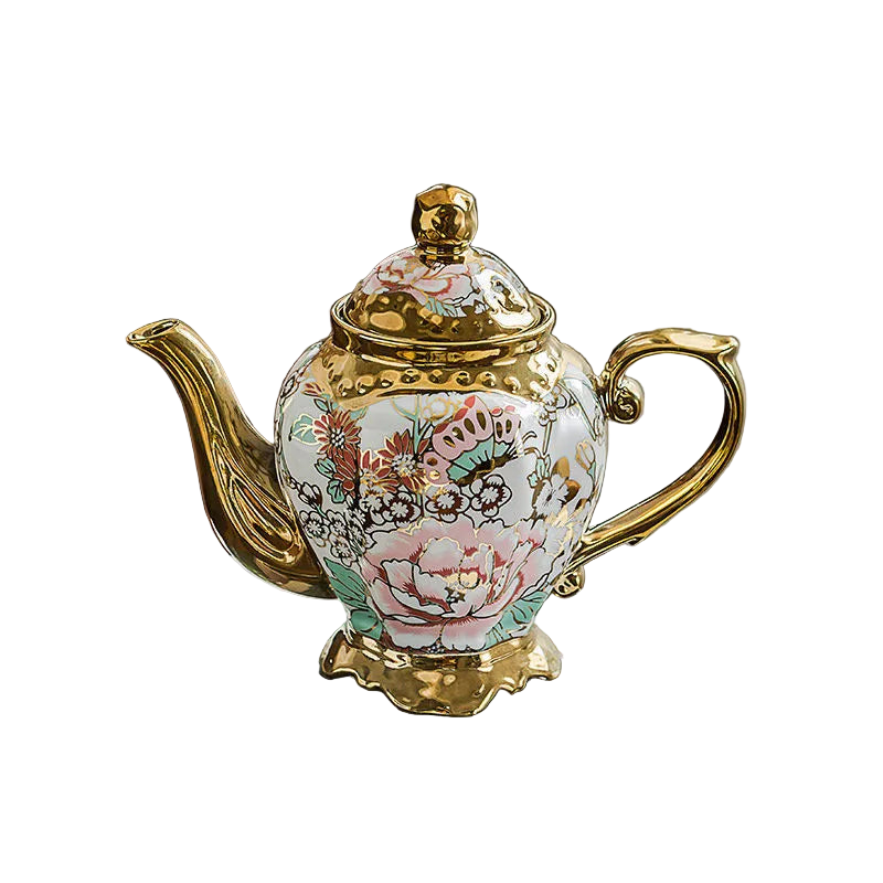Théière anglaise en céramique 900 ml, décor floral et finitions dorées, style victorien.
