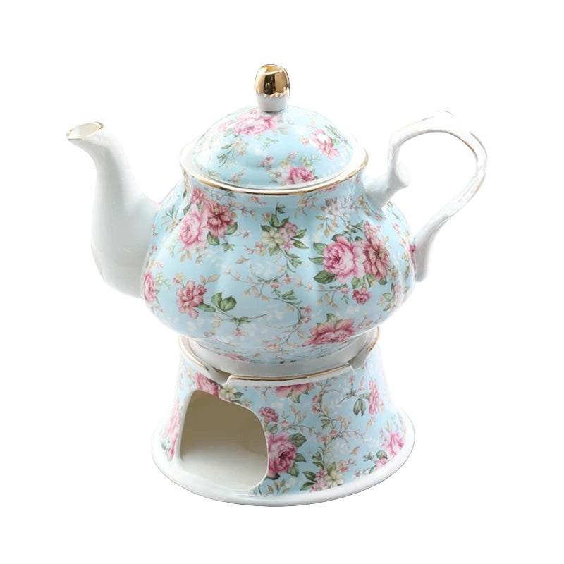 Théière anglaise bleue 400 ml accompagnée de son chauffe-thé.