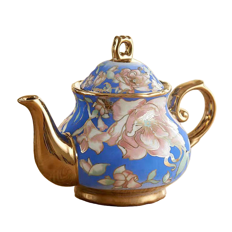 Théière anglaise bleue en porcelaine avec motifs floraux dorés – 900 ml – La Route du Thé