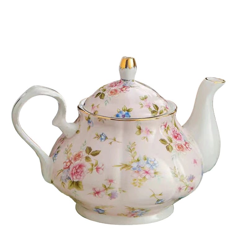 Théière anglaise blanche en porcelaine à motifs floraux et dorures, 400 ml.
