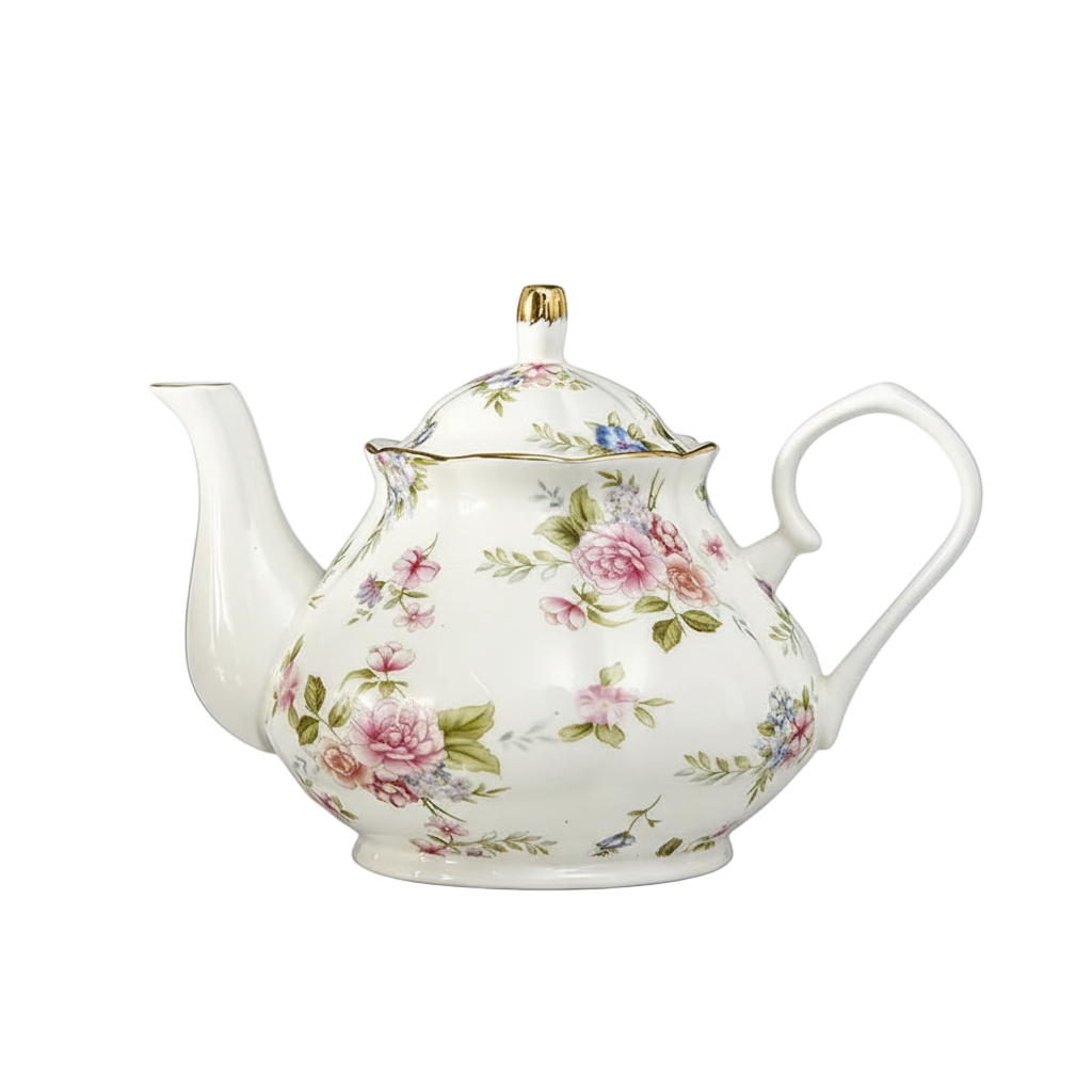 Théière anglaise en porcelaine blanche décorée de fleurs roses et vertes, style vintage, 400 ml.