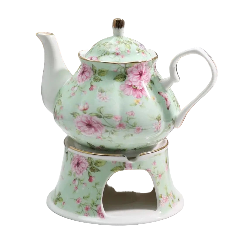 Théière anglaise verte 400 ml avec socle chauffe-thé assorti.