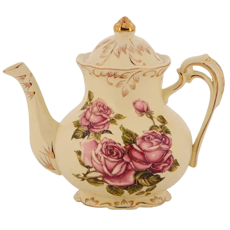 Théière anglaise vintage à motif de roses victoriennes, porcelaine crème avec finitions dorées, 900 ml.