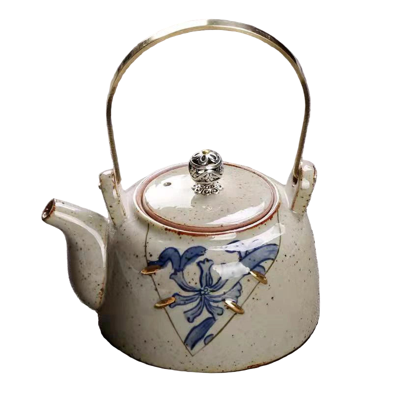 Théière chinoise en céramique blanche décorée, 220 ml, anse en laiton