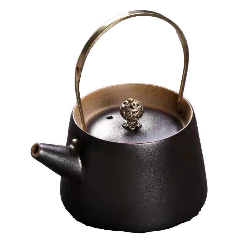 Théière chinoise en céramique noire mate avec anse en laiton, 220 ml