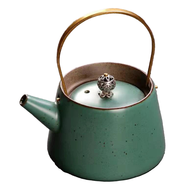 Théière chinoise en céramique vert jade, 220 ml, anse en laiton