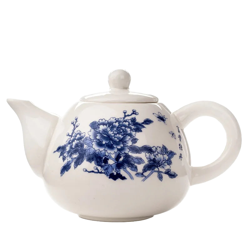Théière chinoise en porcelaine blanche avec motifs floraux bleus peints à la main, 200 ml