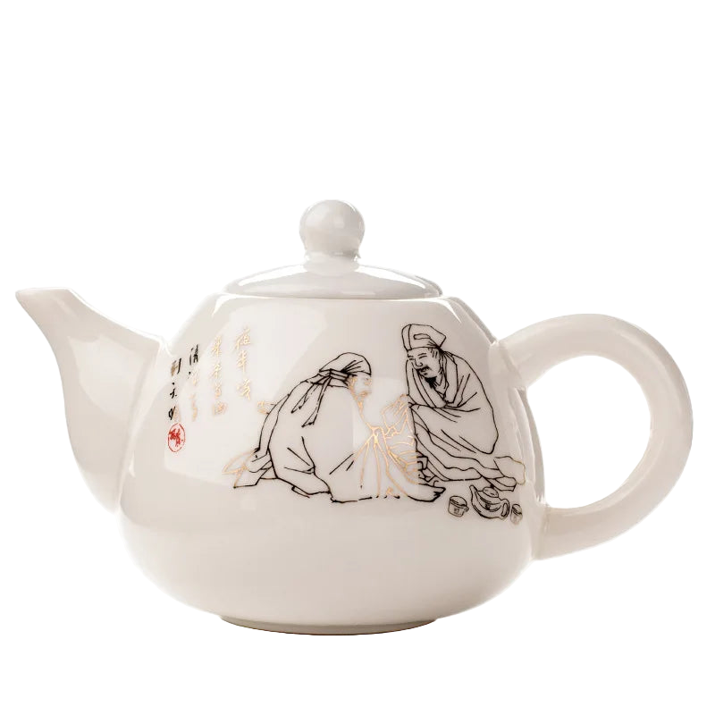 Théière chinoise blanche décorée d’un dessin noir et de calligraphie traditionnelle, 200 ml