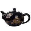 Théière chinoise en porcelaine émaillée noire avec motifs dorés, 200 ml, vue de face.