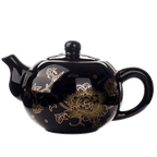 Théière chinoise en porcelaine émaillée noire avec motifs dorés, 200 ml, vue de face.