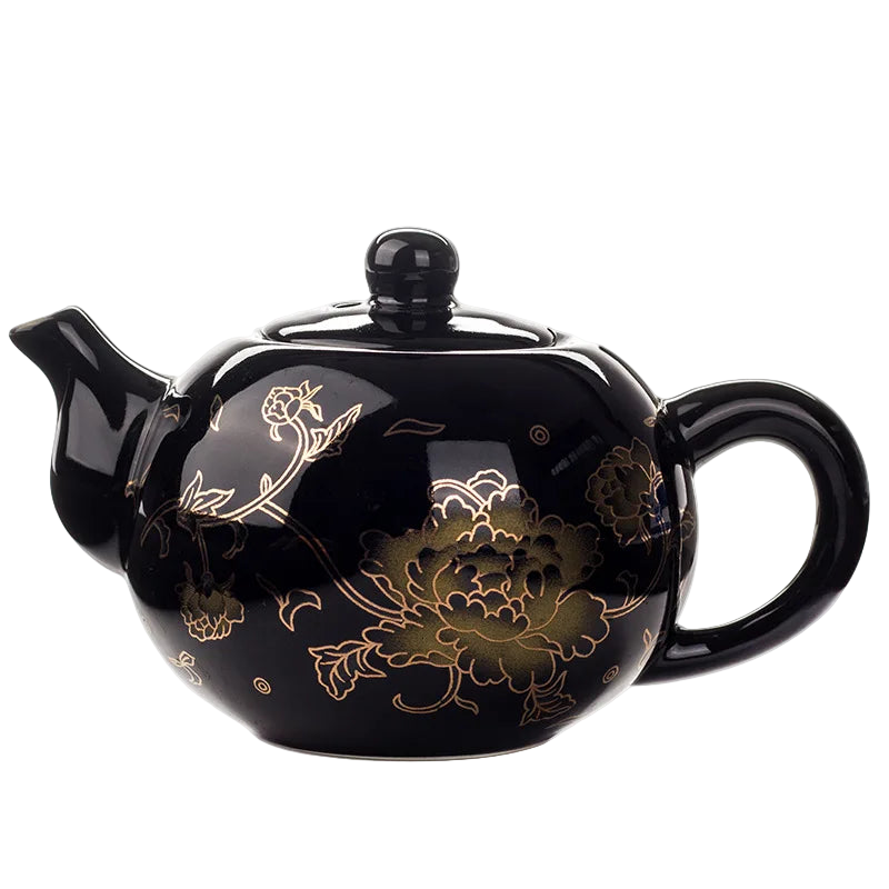 Théière chinoise en porcelaine émaillée noire avec motifs dorés, 200 ml, vue de face.