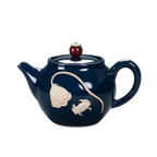 Théière chinoise en porcelaine émaillée sculptée bleu nuit, 270 ml, avec motifs en relief et couvercle décoratif.