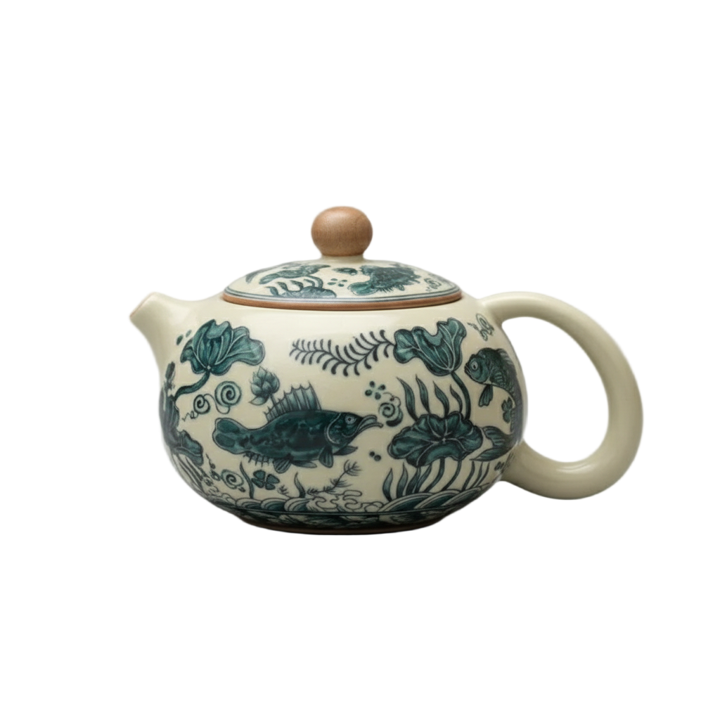 Théière chinoise en porcelaine blanche avec décor bleu indigo, 230 ml, vue détaillée.