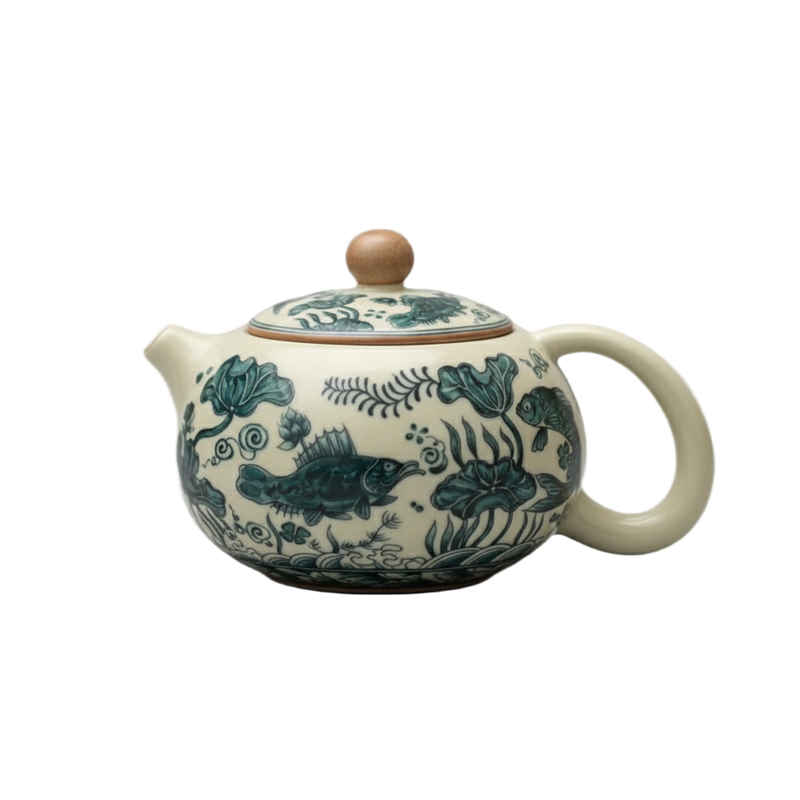 Théière chinoise en porcelaine blanche avec décor bleu indigo, 230 ml, vue détaillée.
