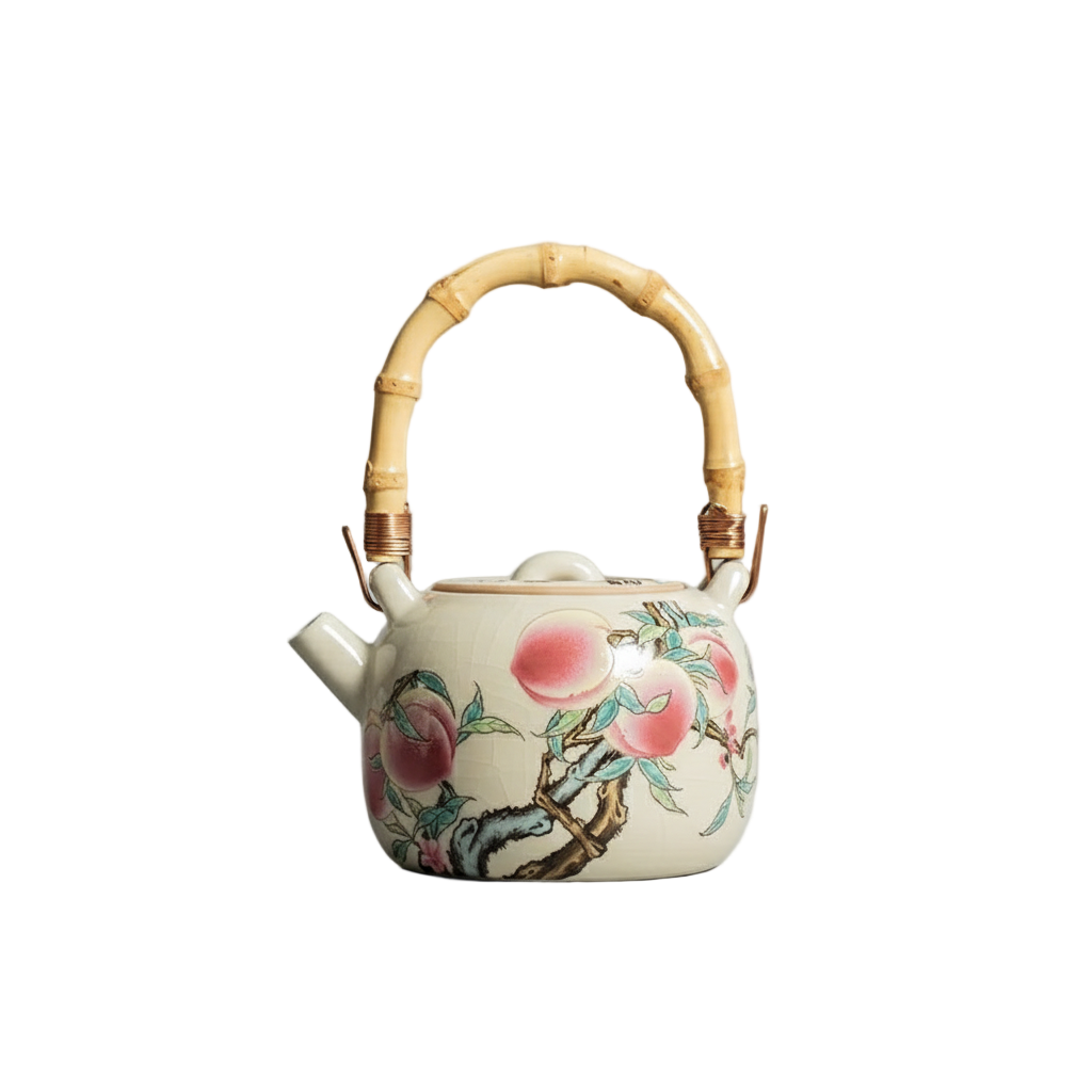 Théière chinoise en porcelaine avec motifs de pêches et poignée en bambou, 210 ml.