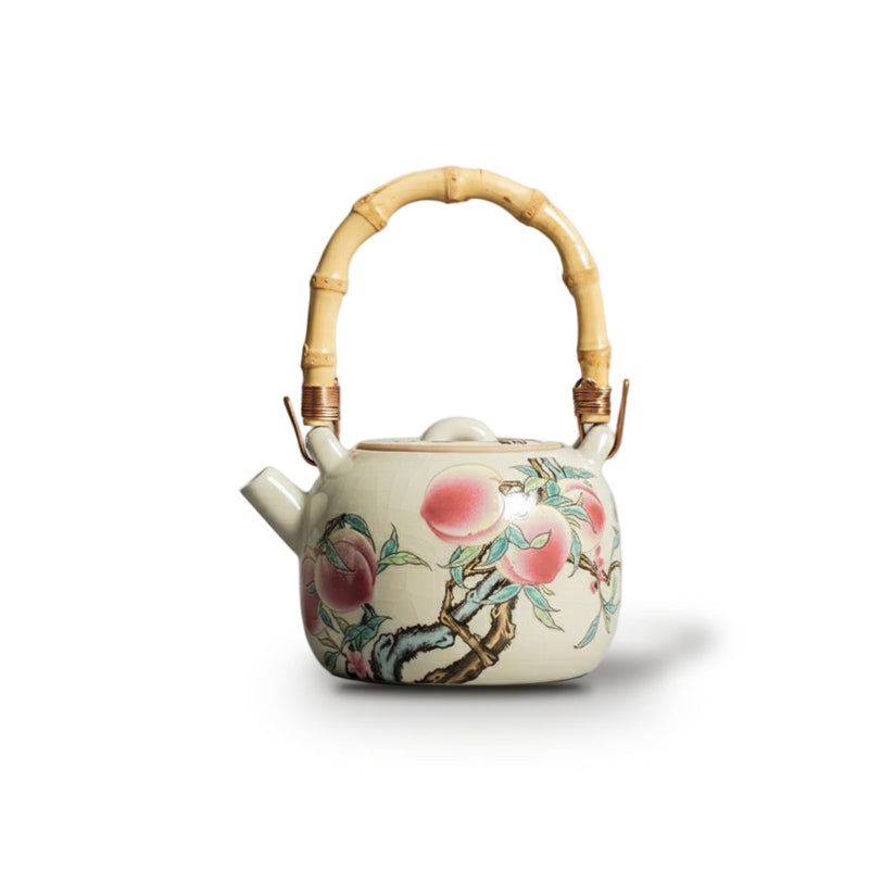 Théière Chinoise en Porcelaine Motif Pêches & Poignée Bambou – 210 ml - Théière seule