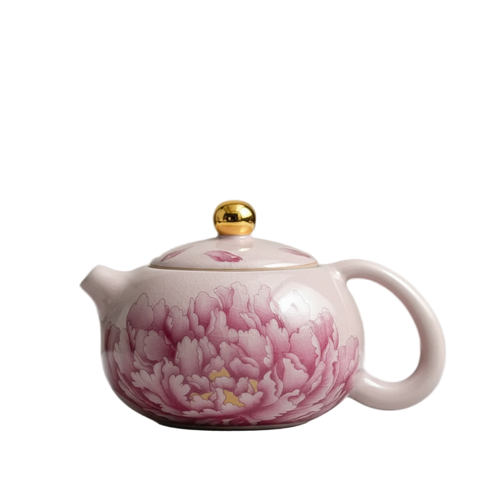 Théière chinoise en porcelaine émaillée rose avec motif pivoine, 180 ml, vue détaillée.