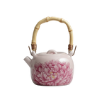 Théière chinoise en porcelaine émaillée avec motif pivoine rose et poignée en bambou, 230 ml.