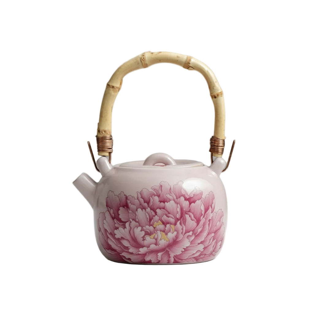 Théière chinoise en porcelaine émaillée avec motif pivoine rose et poignée en bambou, 230 ml.