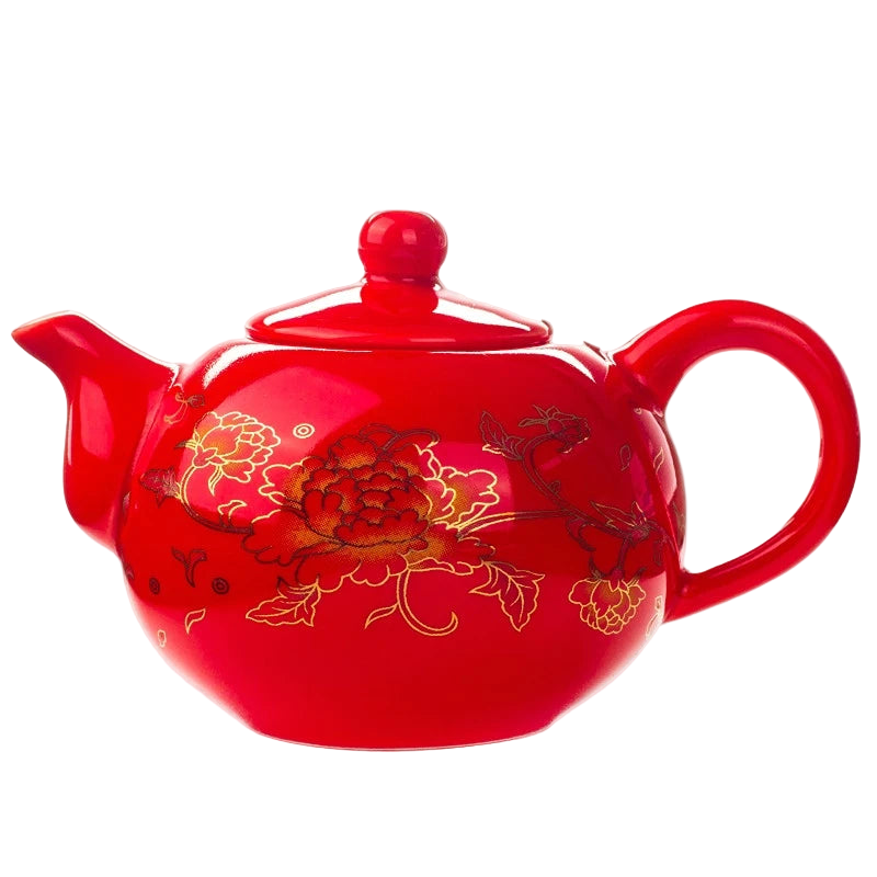 Théière chinoise en porcelaine émaillée noire avec motifs dorés, 200 ml, vue de face.