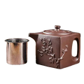 Théière japonaise carrée en céramique brune avec motifs fleuris en relief et infuseur inox – 400 ml