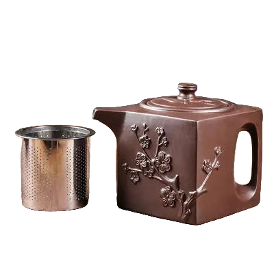 Théière japonaise carrée en céramique brune avec motifs fleuris en relief et infuseur inox – 400 ml