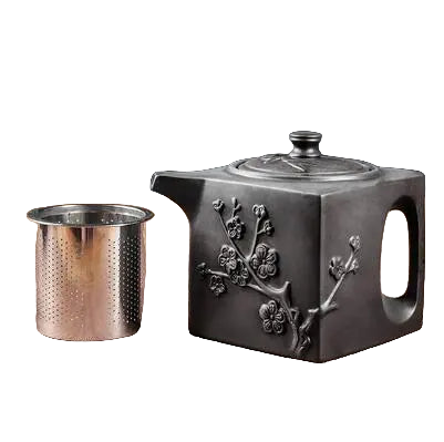Théière japonaise carrée en céramique noir avec motifs fleuris en relief et infuseur inox – 400 ml