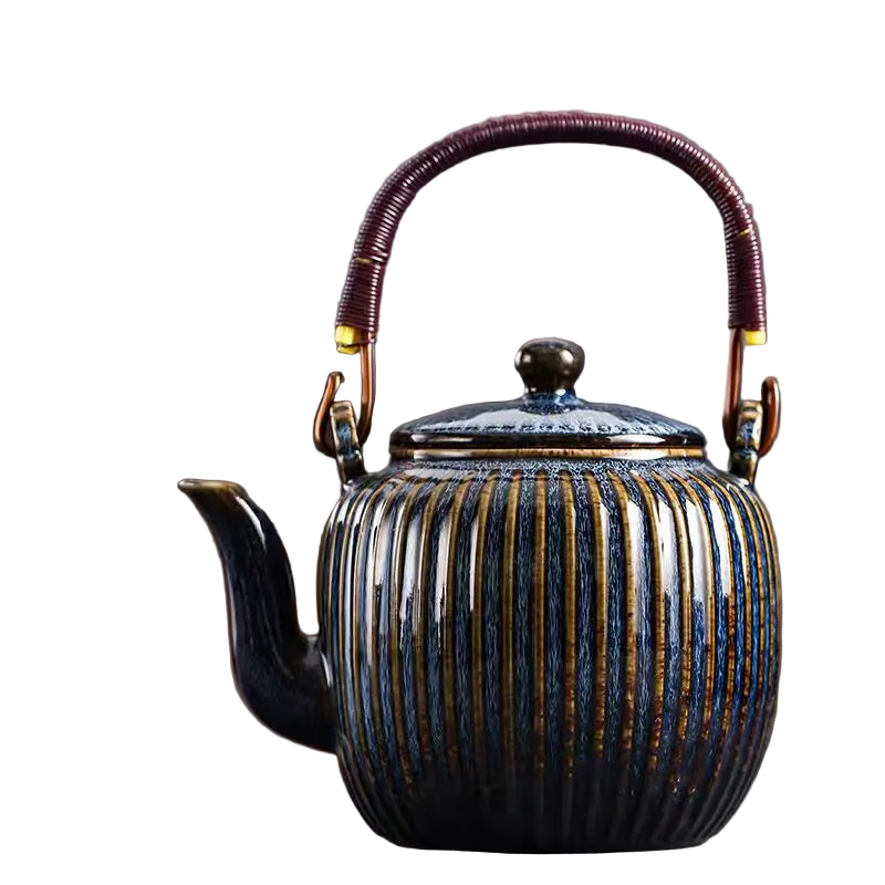 Théière japonaise en céramique bleu nuit 900 ml avec poignée tressée