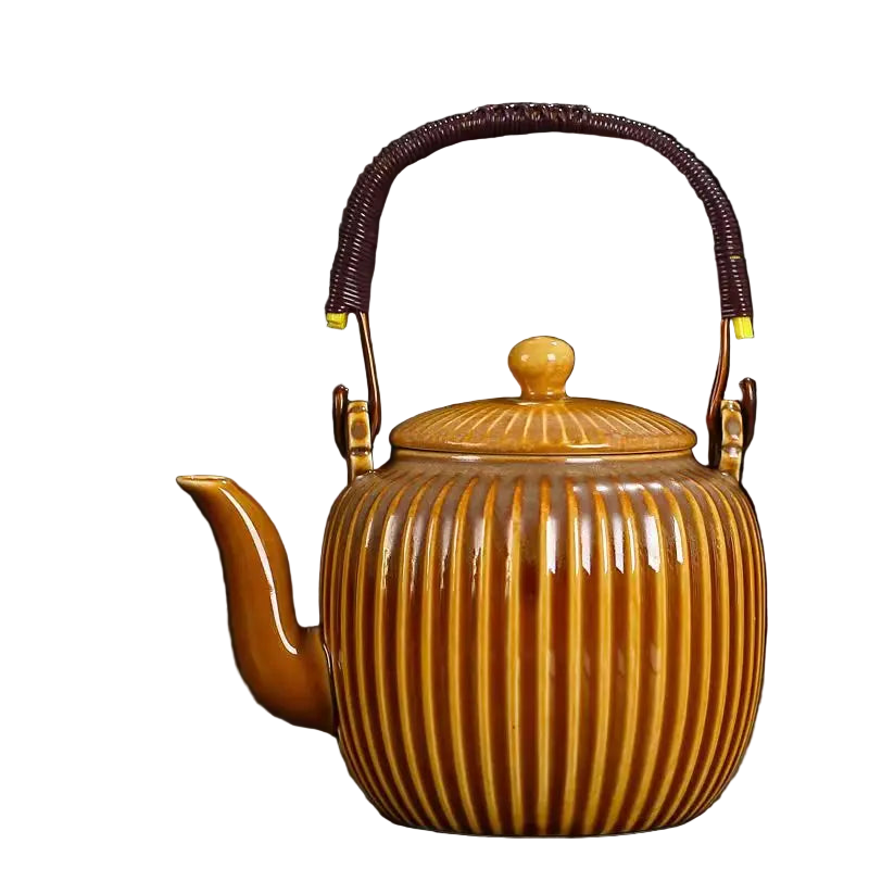 Théière japonaise céramique marron miel 900 ml poignée tressée