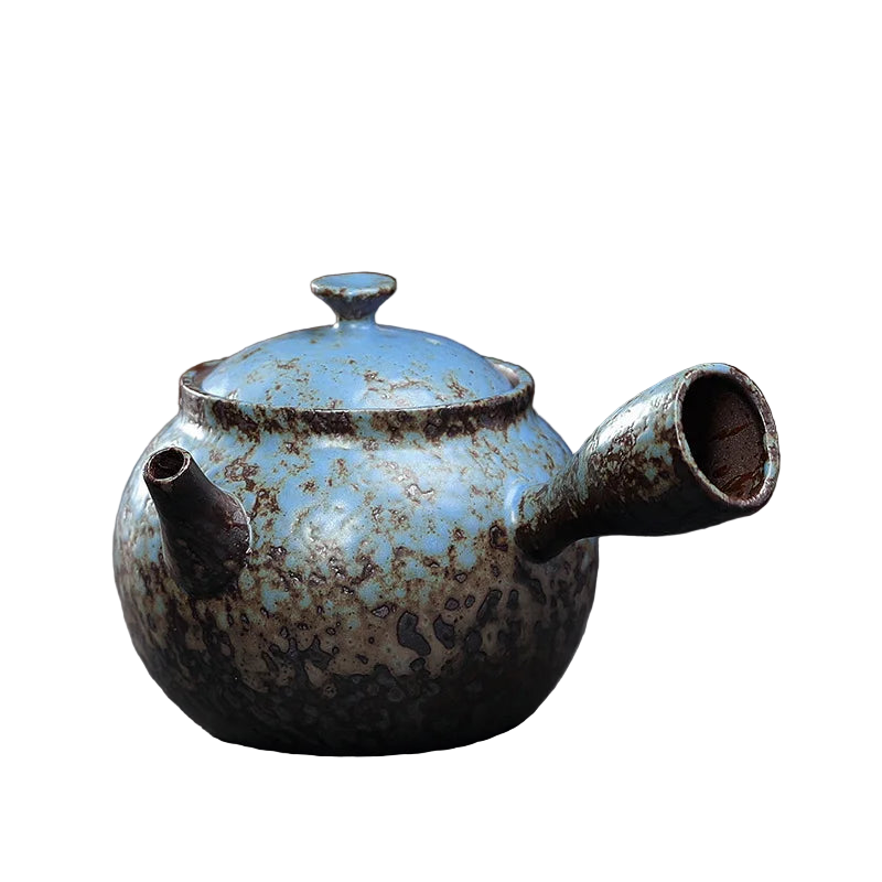 Théière japonaise en céramique bleue texturée 150 ml, style Kyusu
