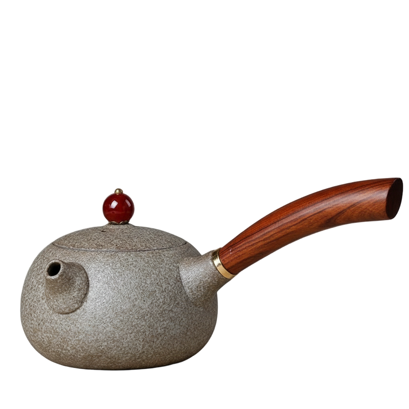 Théière japonaise en céramique gris clair 200 ml avec poignée en bois