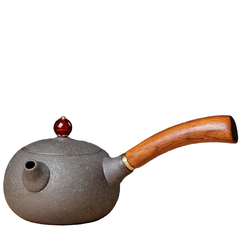 Théière japonaise en céramique gris foncé 200 ml avec poignée en bois