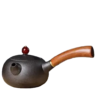 Théière japonaise en céramique gris noir 200 ml avec poignée en bois