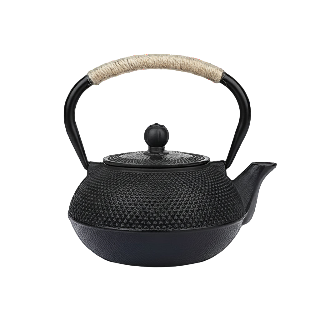 Théière japonaise traditionnelle en fonte Arare noire avec poignée tressée, disponible en plusieurs contenances.