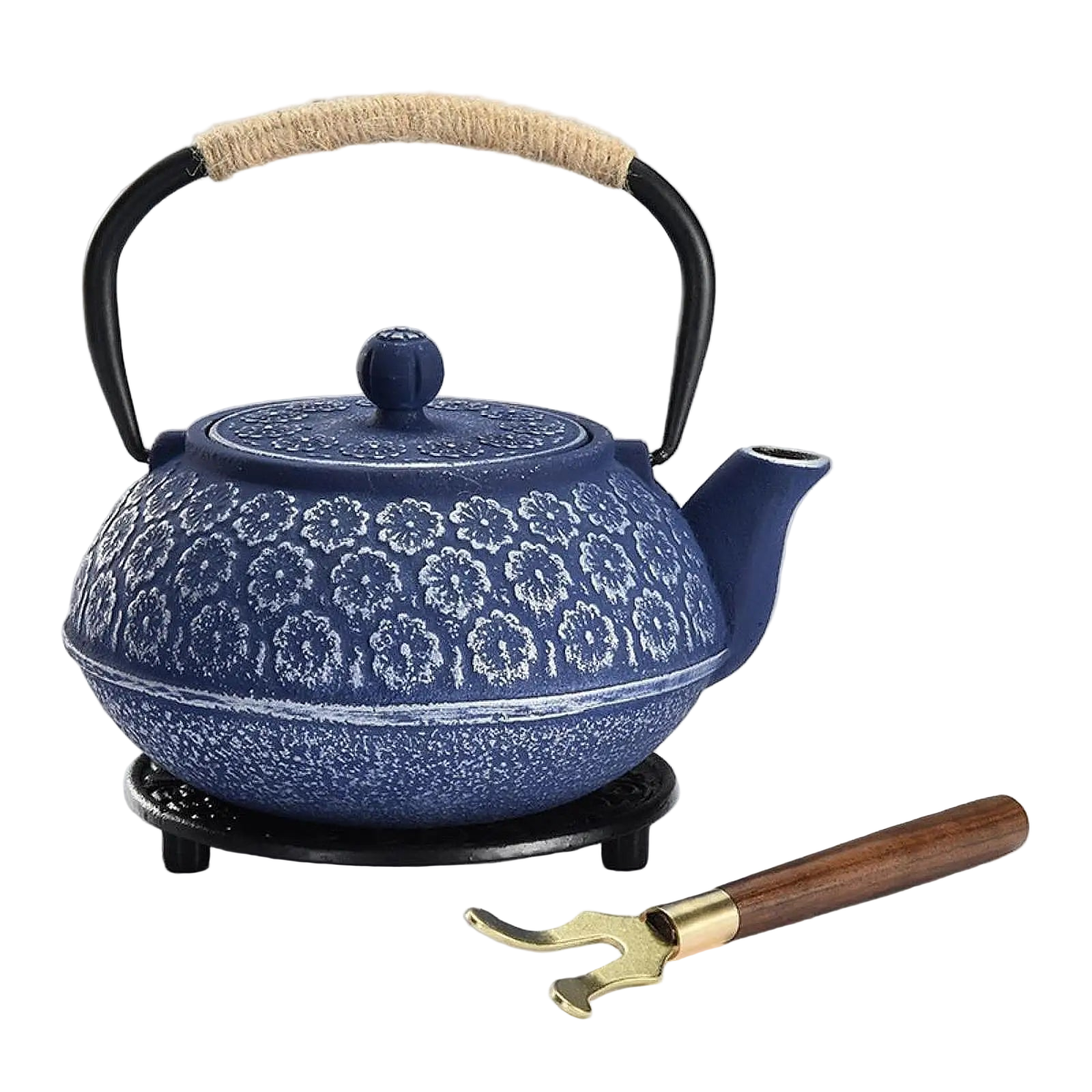 Théière japonaise en fonte bleue de 900ml avec anse tressée – RouteDuThé