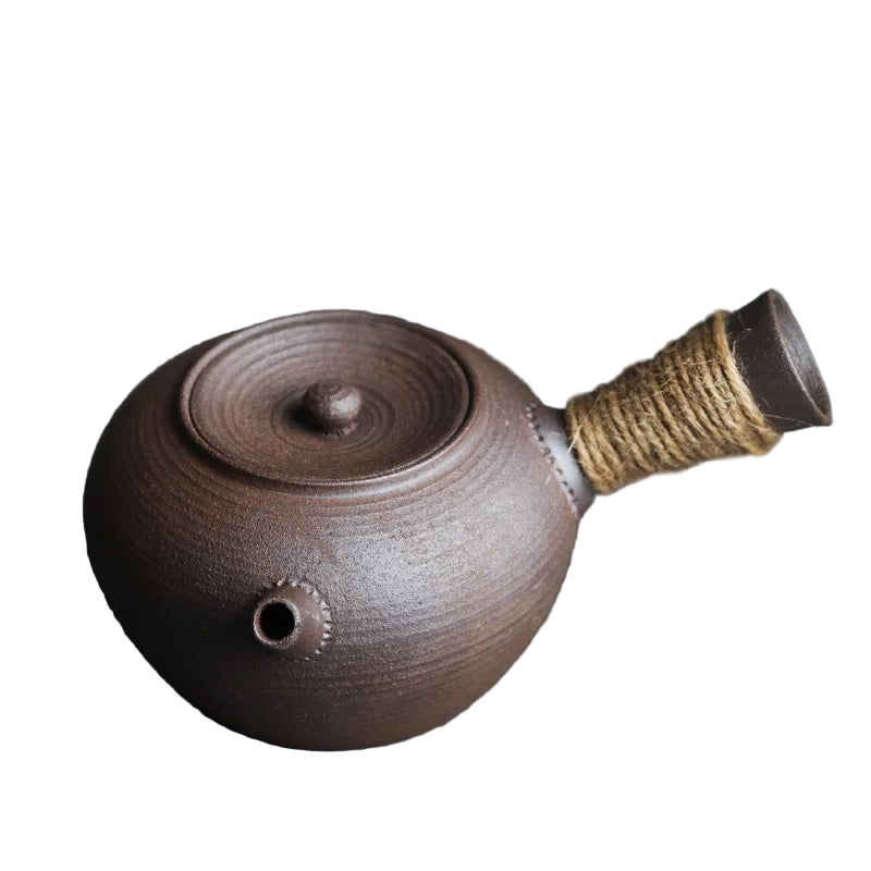 Théière japonaise kyusu en céramique artisanale 300 ml avec manche en corde naturelle