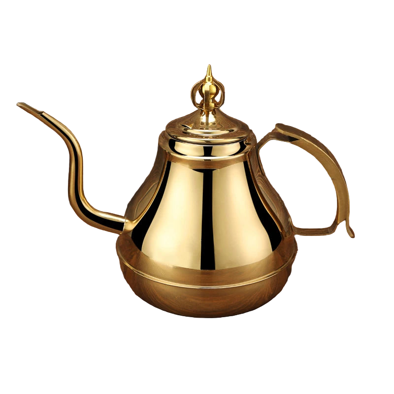 Théière marocaine traditionnelle dorée 1,8 L avec bec long.