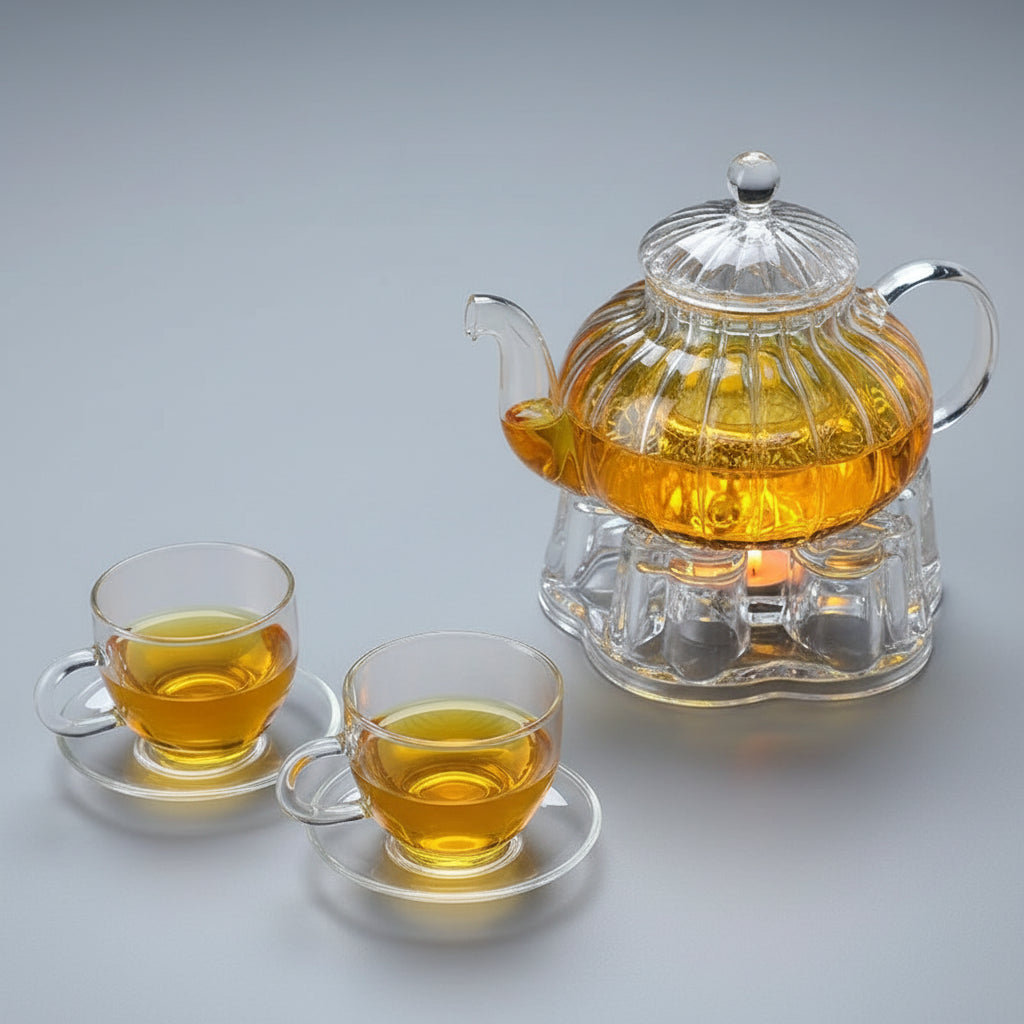 Théière anglaise en verre 600 ml avec deux tasses assorties, service complet transparent.