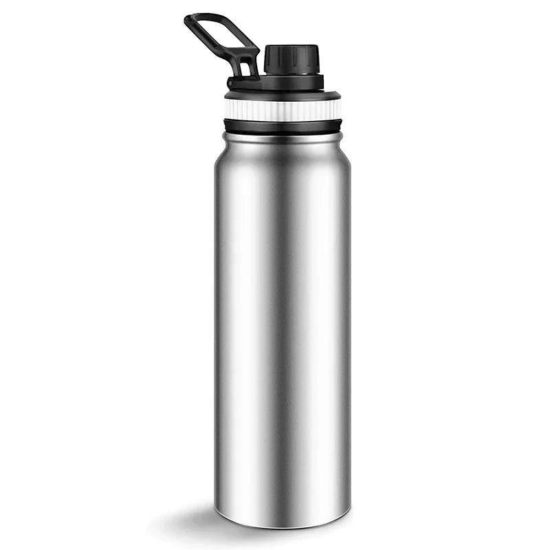 Thermos en acier inoxydable couleur argent avec bouchon sport, vue de face.