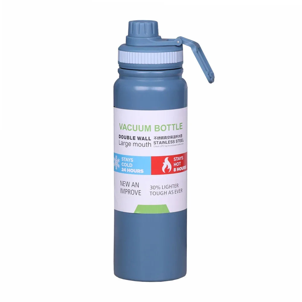Bouteille isotherme en inox bleu clair avec bouchon sport.