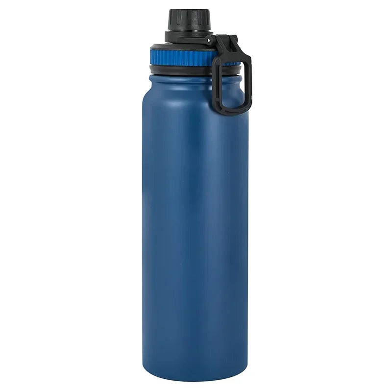 Thermos isotherme bleu en acier inoxydable avec poignée, vue détaillée.