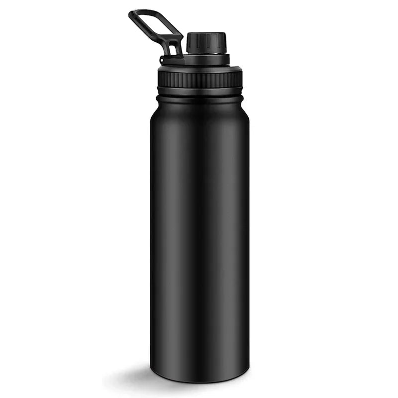Thermos noir en acier inoxydable avec bouchon étanche.