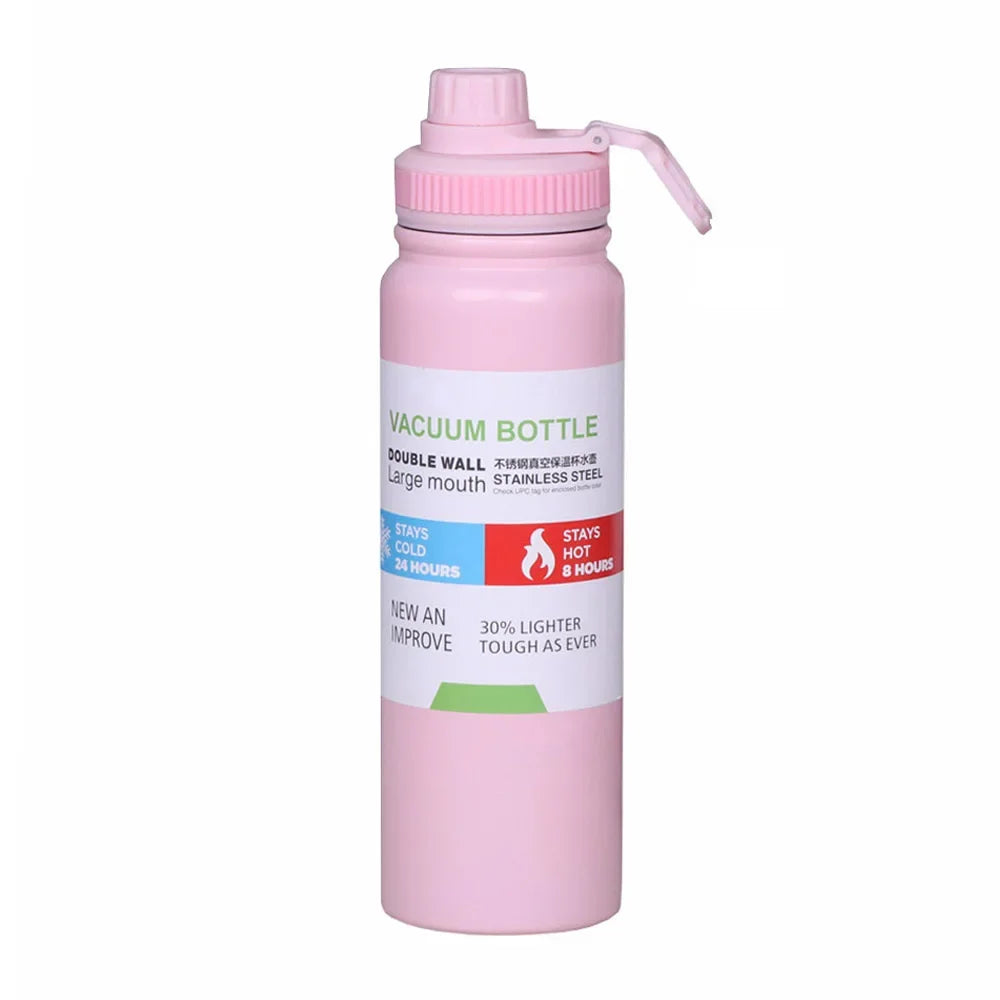 Thermos isotherme en acier inoxydable couleur rose pastel.