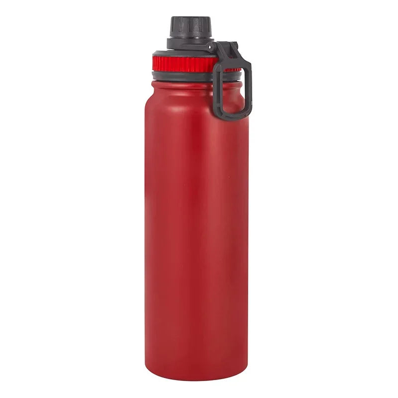 Bouteille isotherme en inox couleur rouge avec bouchon sport.