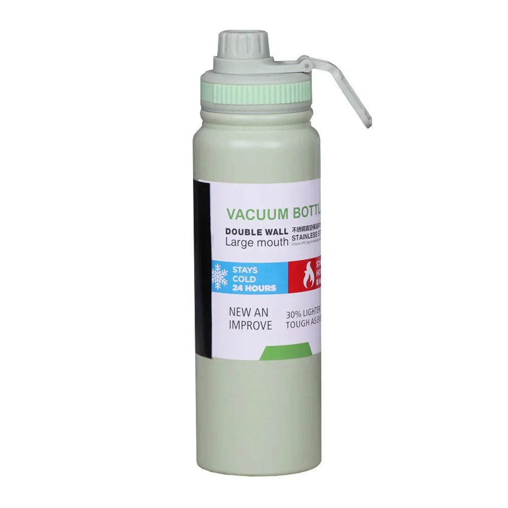 Thermos en acier inoxydable couleur vert clair avec bouchon sport.