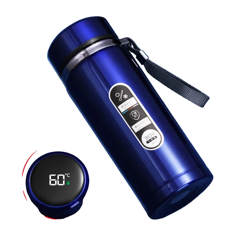 Thermos isotherme bleu avec écran LED et design moderne.